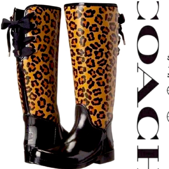 Coach Leopard Cheetah Print Lace-Up Rain Boots Size US 38 / 7.5 BRAND NEW - Picture 1 of 6
